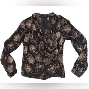 Women's VTG Dana Buchman Silk Blouse Black Gold Floral Sheer Long Sleeve 6P